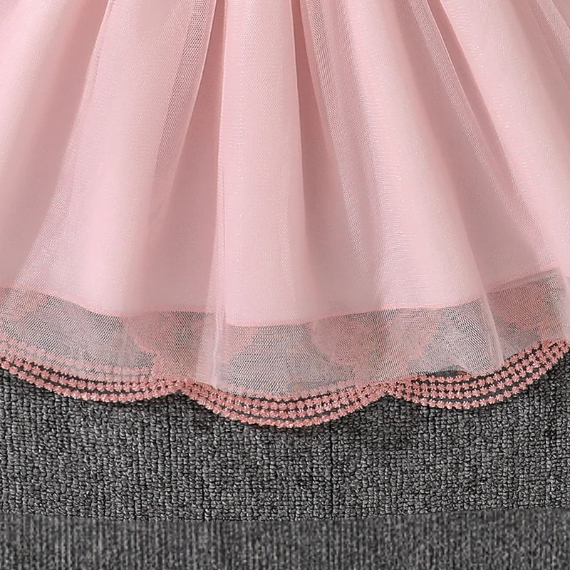 Dress For Girls Yellow O-Neck Fly-Sleeve Tulle Bowknot