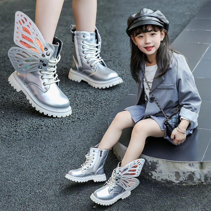 Girls Boots 2025 New Autumn Winter Fashion Butterfly Princess Botas Casual Non-slip Ankle Boots Silver Patent Leather Kids Shoes