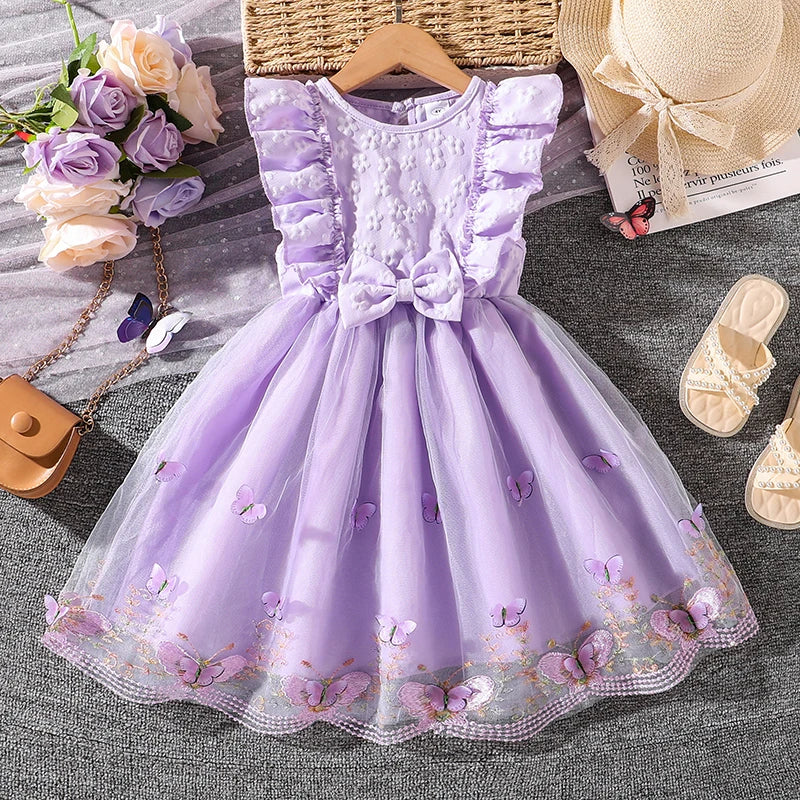 Dress For Girls Yellow O-Neck Fly-Sleeve Tulle Bowknot
