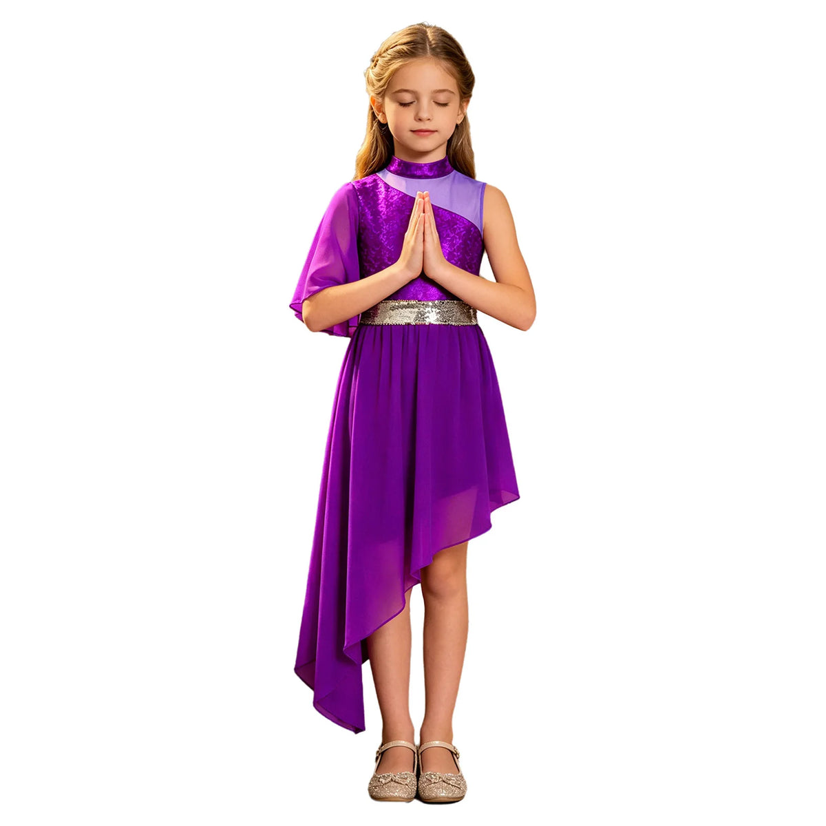 Kids Girls Lyrical Contemporary Worship Liturgical Praise Dance Dress Flare Sleeve Sequin Splice Dress Performance Costume