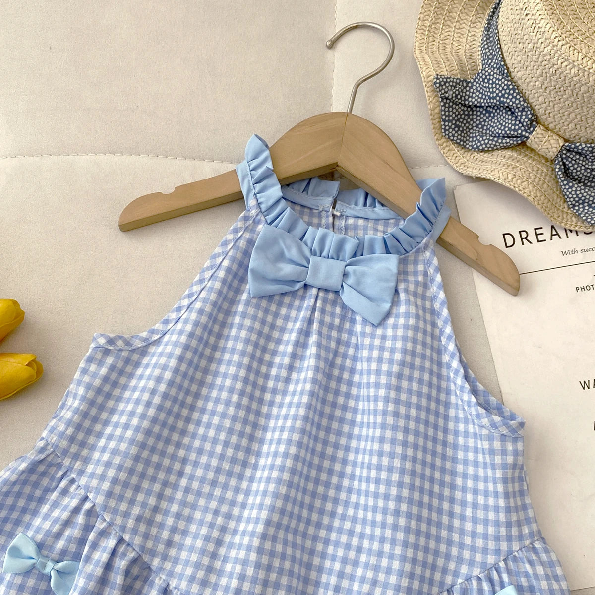 Kids Dresses for Girls Summer Casual Checkered Bow Halter Neck Dress