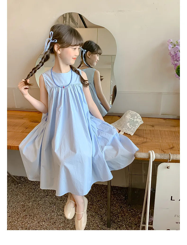 Ana Summer Junior Girl Sleeveless Dress Solid Side Cotton Dress