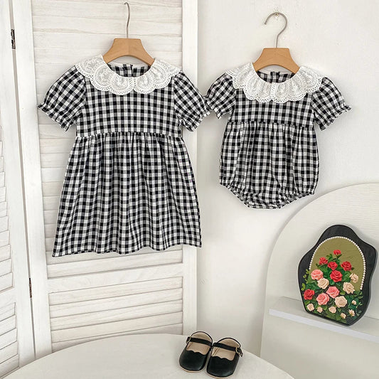 Checkered Eyelet Collar Sister Outfit