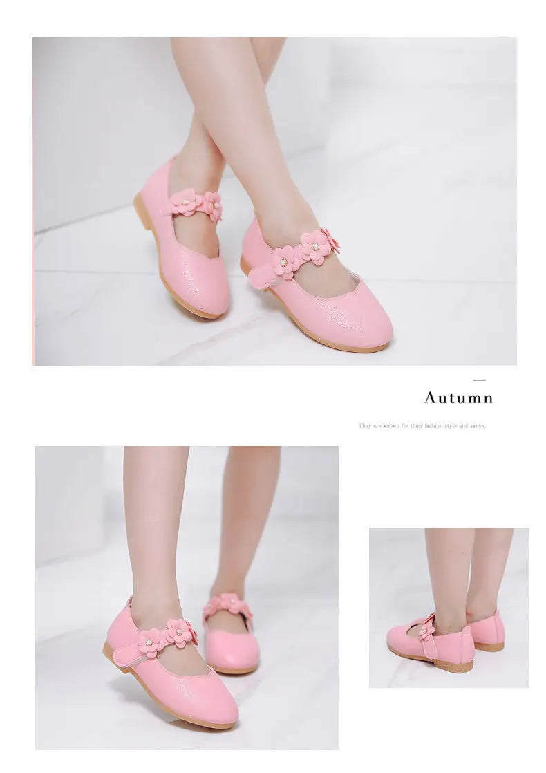 Girls Low-top Solid Color Leather Shoes Princess Shoes Flowers Student Single Dance Shoes White Child Shoes Comfortable Wearable