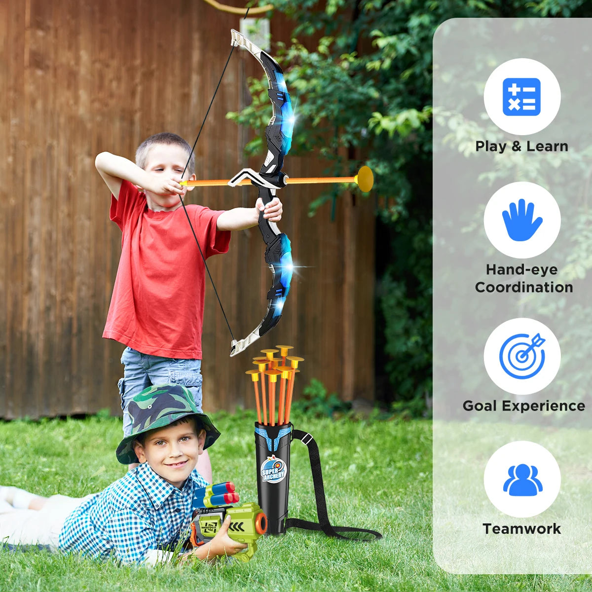 VATOS 2X Bow Arrow + Guns Toy For Kids Night-Light Archery Stand Target Board