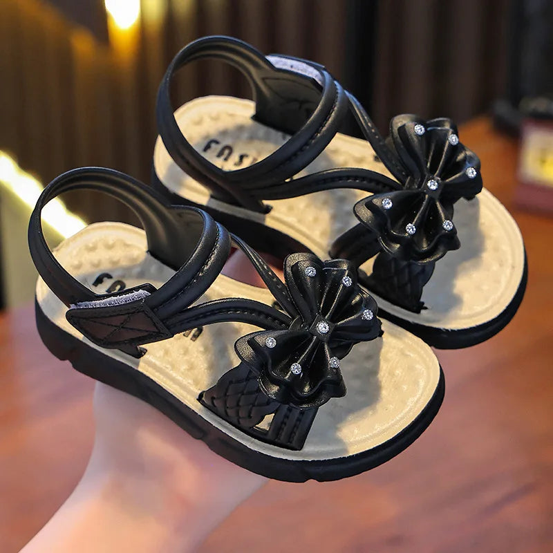 New Summer Bow Pearl Ornament Flat Sandals For Girls Aged 1-7 Children Slippers Non-slip Outdoors Seabeach Flip Flops Kids Shoes