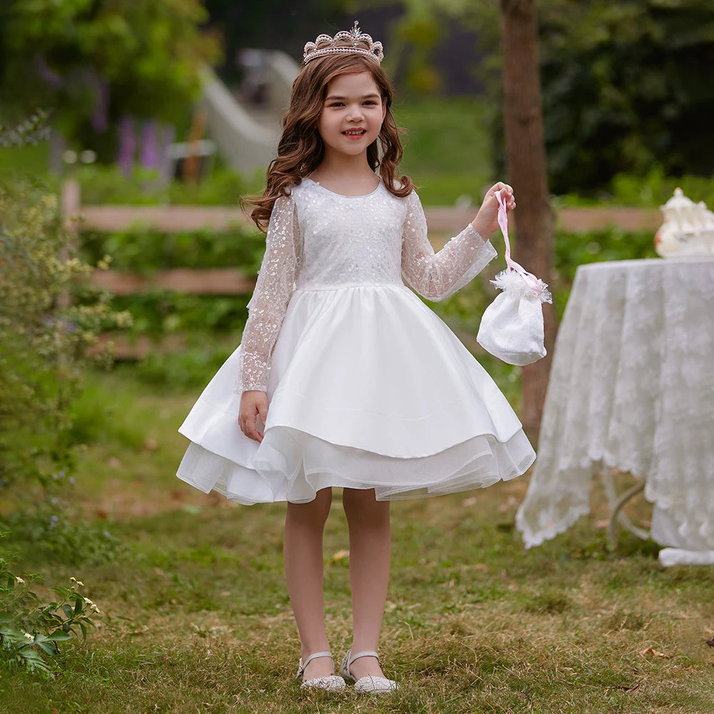 Fashion Sequins White Wedding Girls Party Dress Formal Bow Birthday Princess Dress