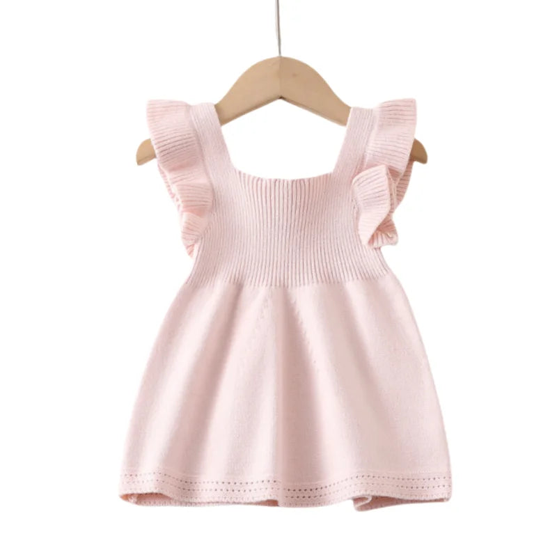 Newborn Baby Girl Ruffled Flutter Sleeves Knitted Infant Girls Dress