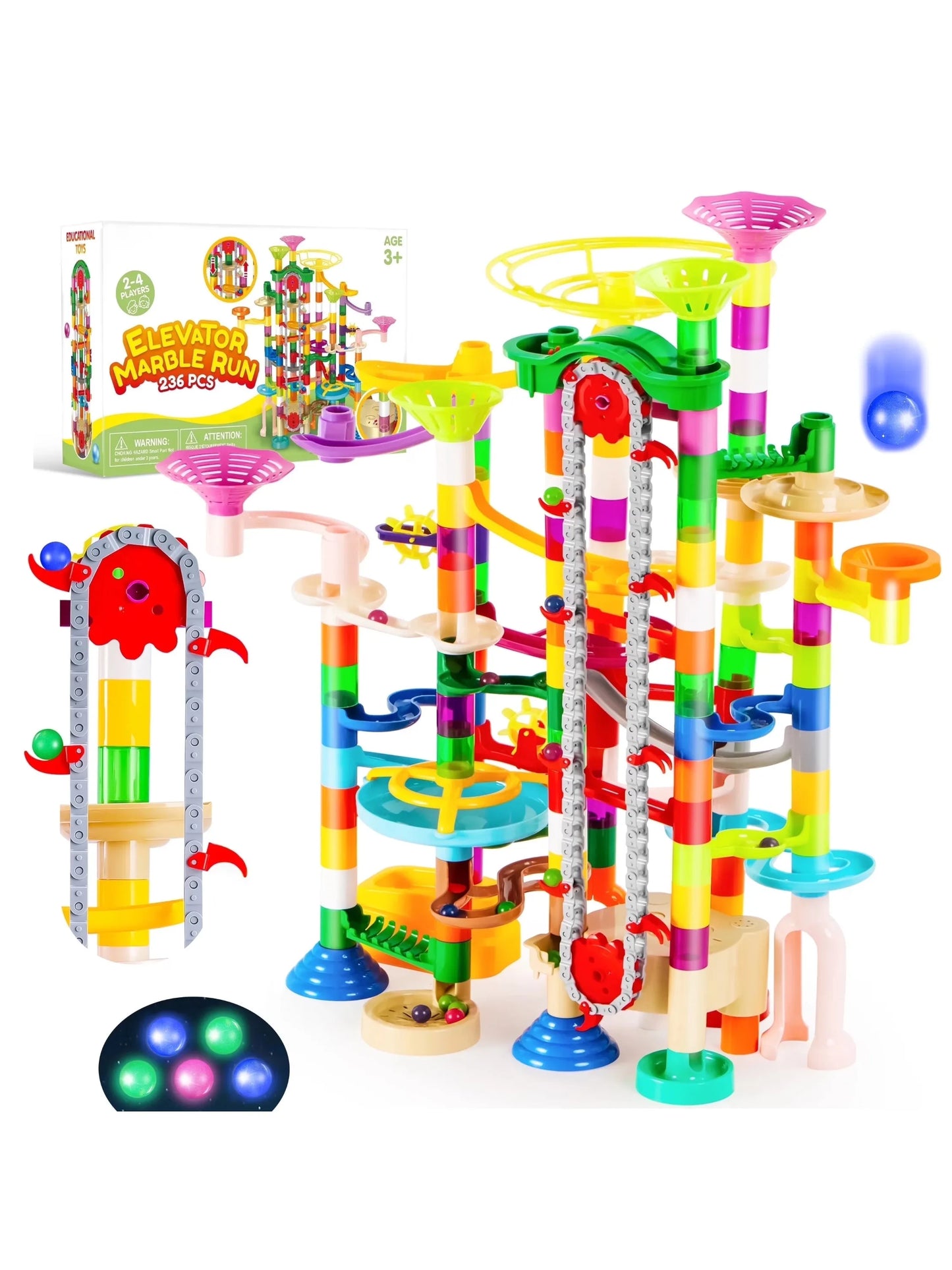 Joyfy 236 Pcs Glowing Marble Run with Motorized Elevator