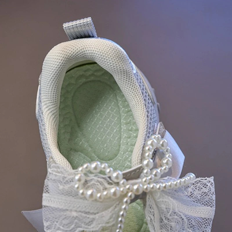 2026 Summer Kids Sport Sneakers for Girl Pearl Lace Mary Jane Flats Lightweight Non-Slip
