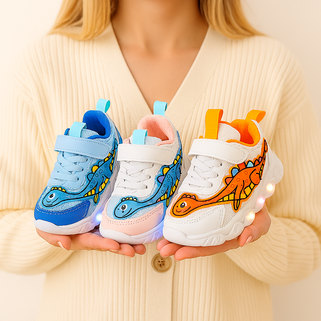 Two pairs of children's sneakers with dinosaur designs held by a person wearing a beige sweater.