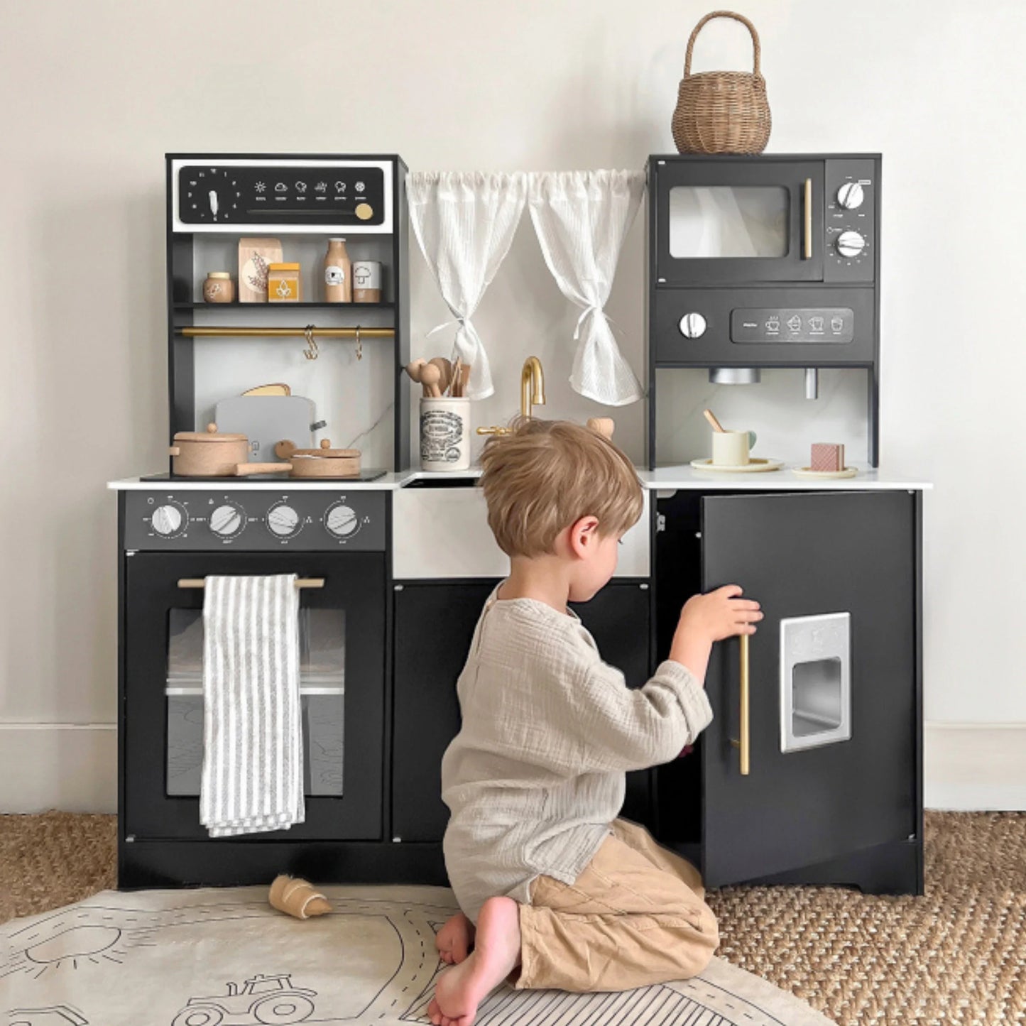 Iconic Wooden Play Kitchen – Black Pretend Cooking Set for Kids