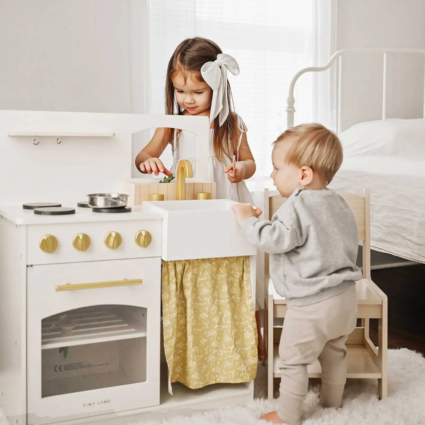 Wooden Play Kitchen for Toddlers - Honey Kitchenette Pretend Cooking Set
