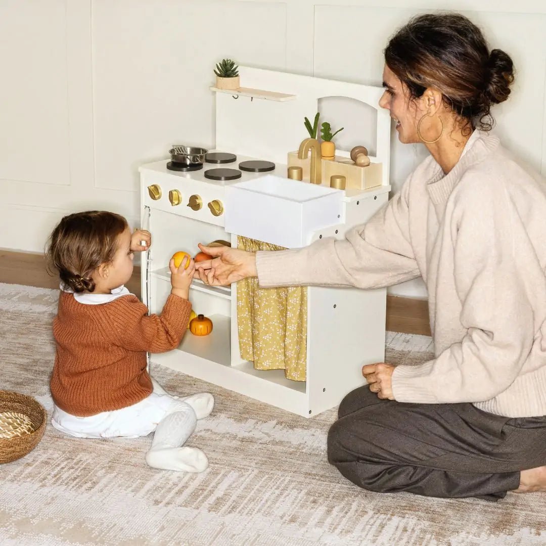 Wooden Play Kitchen for Toddlers - Honey Kitchenette Pretend Cooking Set