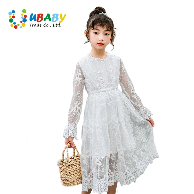 Girls Lace Dress Spring Autumn Long-sleeved Princess 2023 Flower White Dress