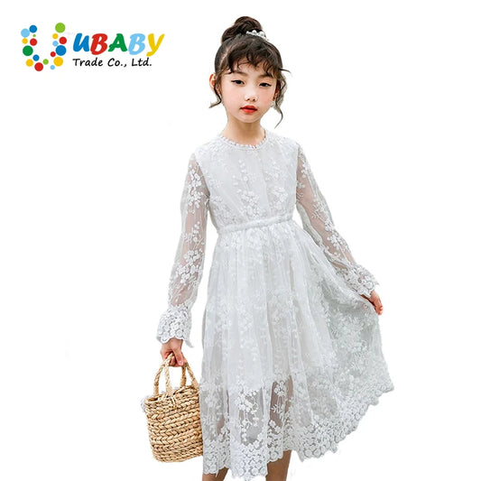 Girls Lace Dress Spring Autumn Long-sleeved Princess 2023 Flower White Dress