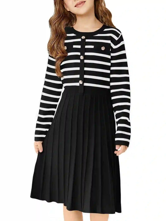 Dress Knit Long Sleeve Striped A Line Pleated Fall Winter Dresses