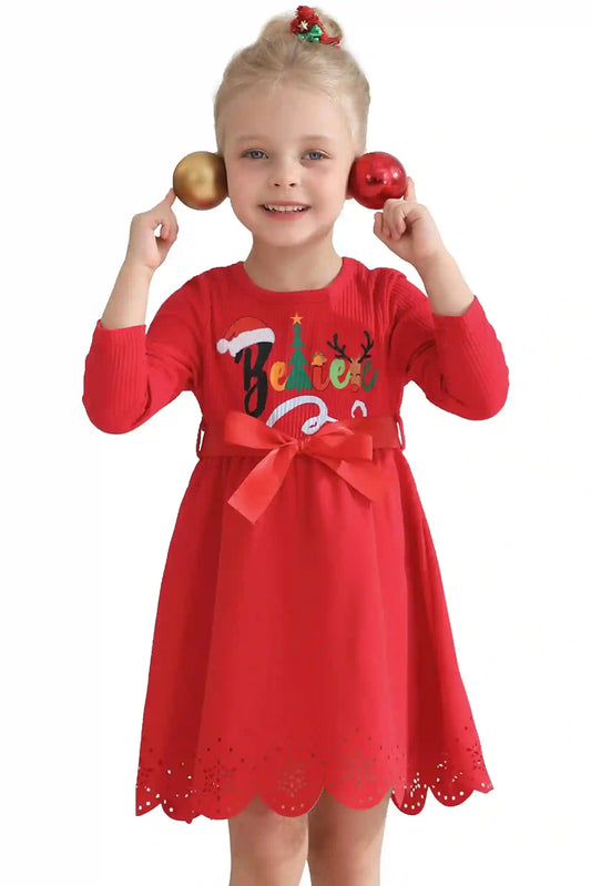 Girls Christmas Dress Sweater Ruffle Ribbed Knit