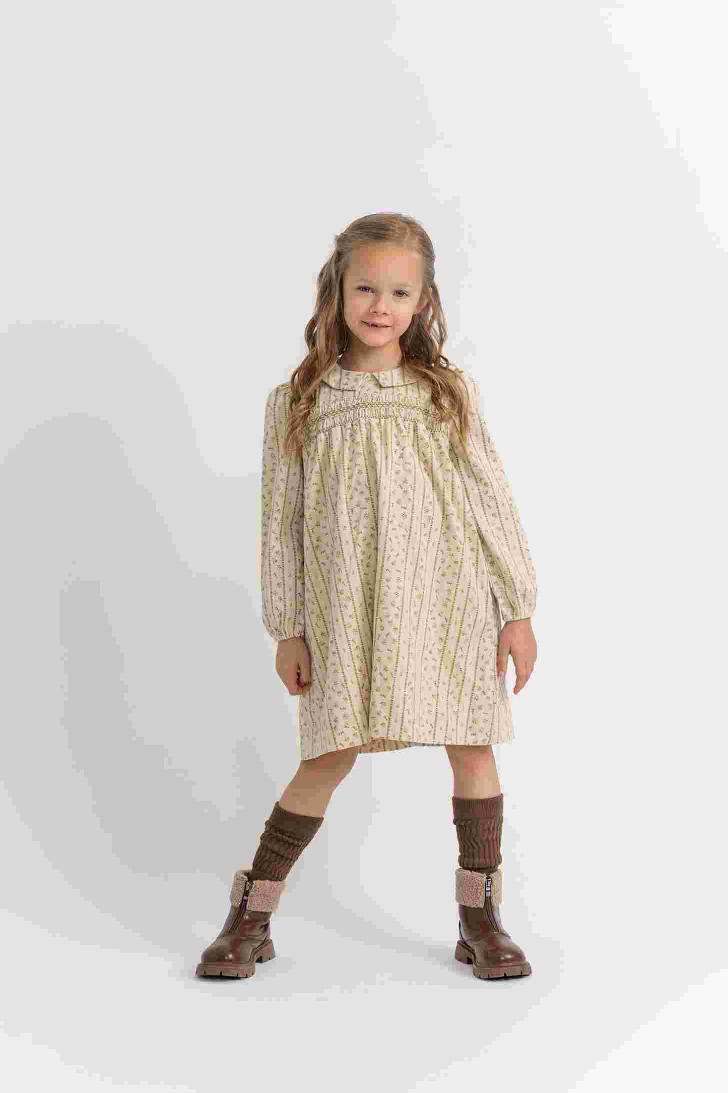 Girls Corduroy Stripe Dress with Flower Print
