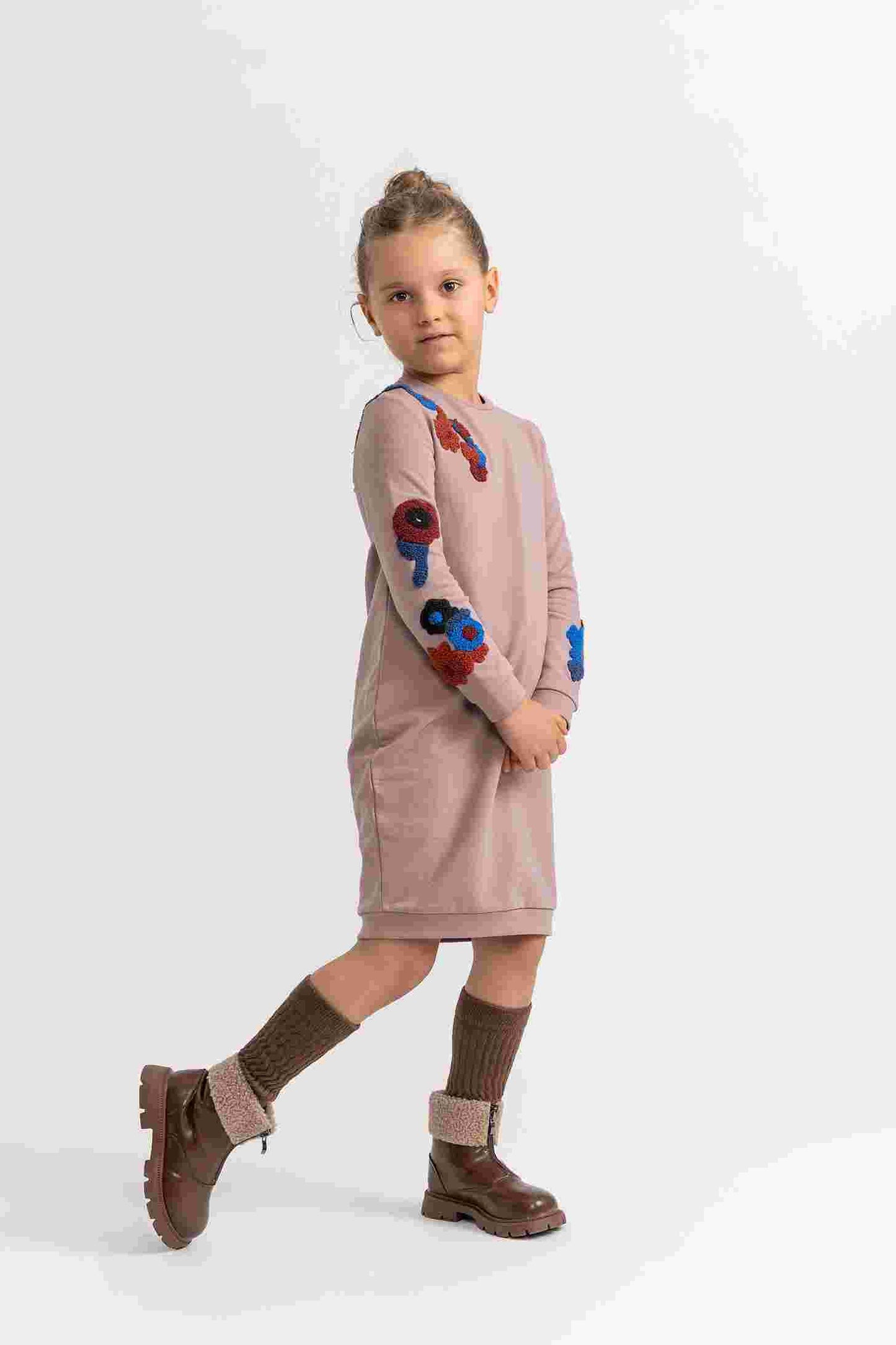 Girls Sweatershirt Dress with Hook Stitch Embroidery