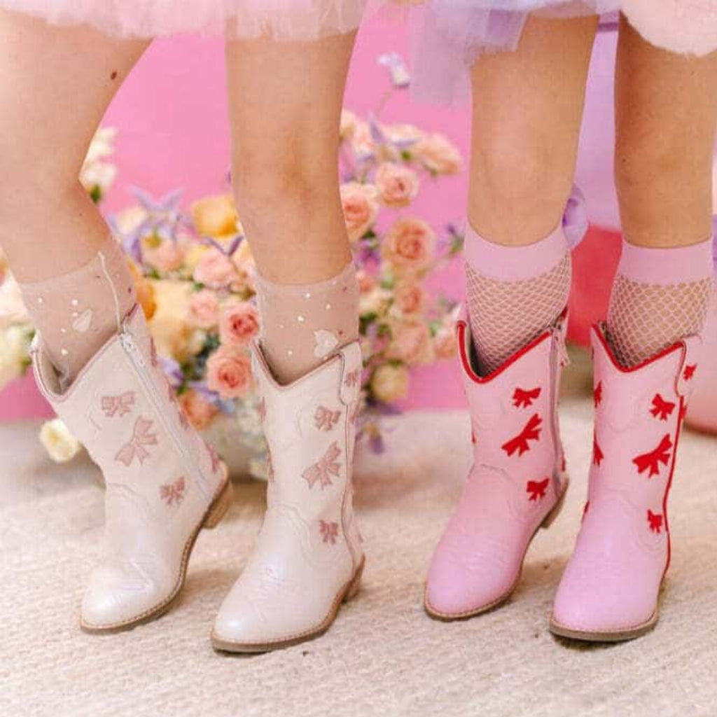 Dianna Cowgirl White + Pink Bow Boots