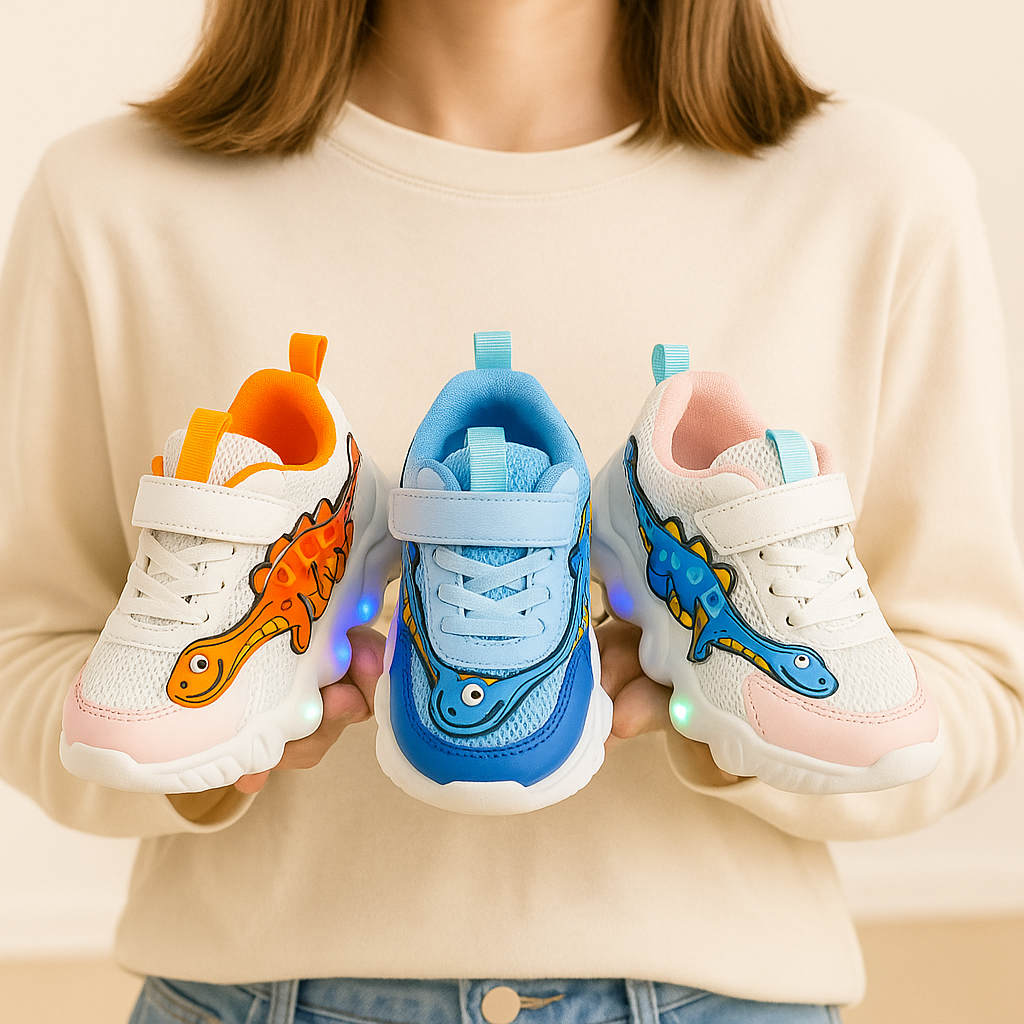 Three colorful children's sneakers with dinosaur designs held by a person.