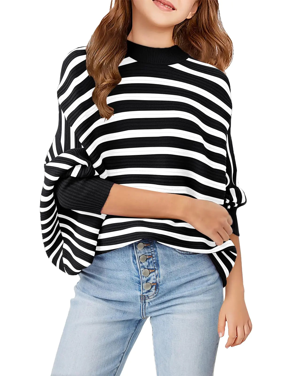RHaloumoning Girls Oversized Striped Sweater Kids Fashion Batwing Sleeve ibbed Knit Pullover Tops_9-10 Years Black&White - # GIAA22210002