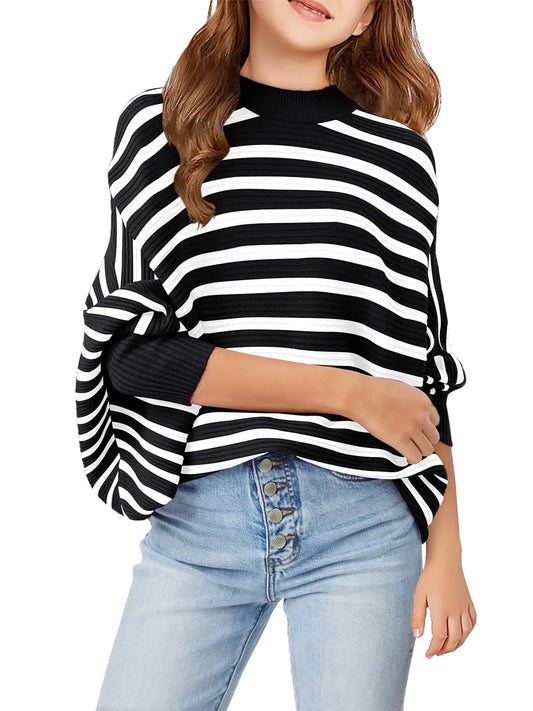 RHaloumoning Girls Oversized Striped Sweater Kids Fashion Batwing Sleeve ibbed Knit Pullover Tops_9-10 Years Black&White - # GIAA22210002