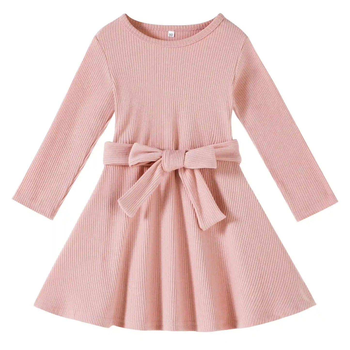 Toddler Dress - Knitted Sweater Tie Waist in soft pink with long sleeves and a flared skirt. Ideal for fall and winter toddler girl outfits.