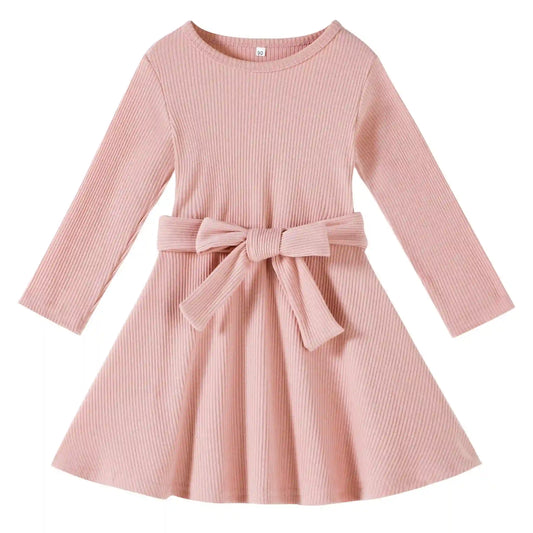 Toddler Dress - Knitted Sweater Tie Waist in soft pink with long sleeves and a flared skirt. Ideal for fall and winter toddler girl outfits.