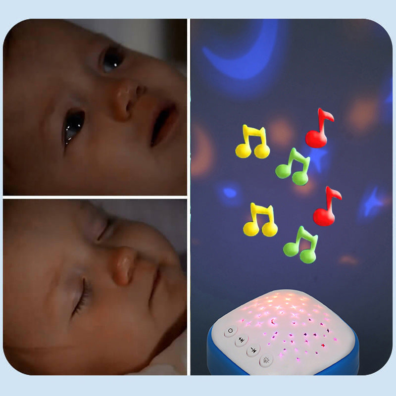 Baby watching and then sleeping next to a blue music night light projector with colorful notes