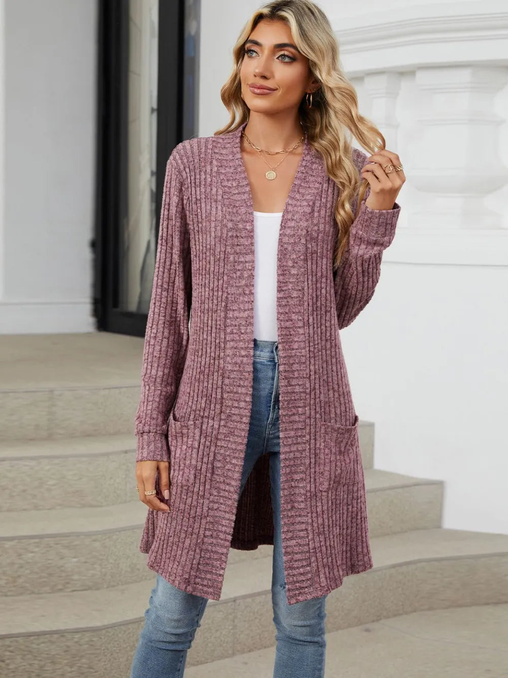 Delcia Long Color Sleeved Loose Pocket Cardigan Jacket