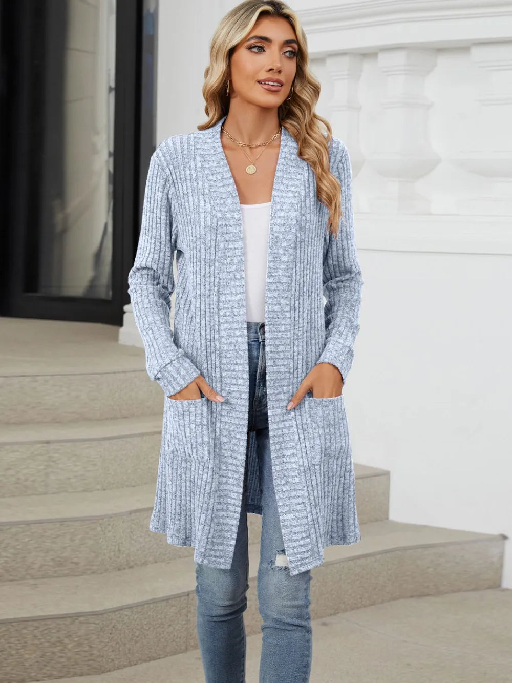 Delcia Long Color Sleeved Loose Pocket Cardigan Jacket