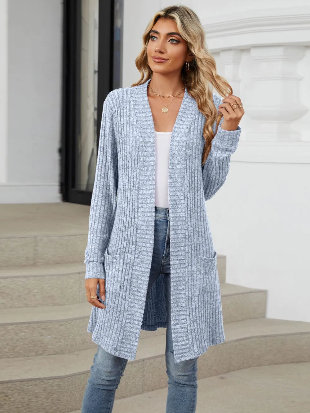 Delcia Long Color Sleeved Loose Pocket Cardigan Jacket