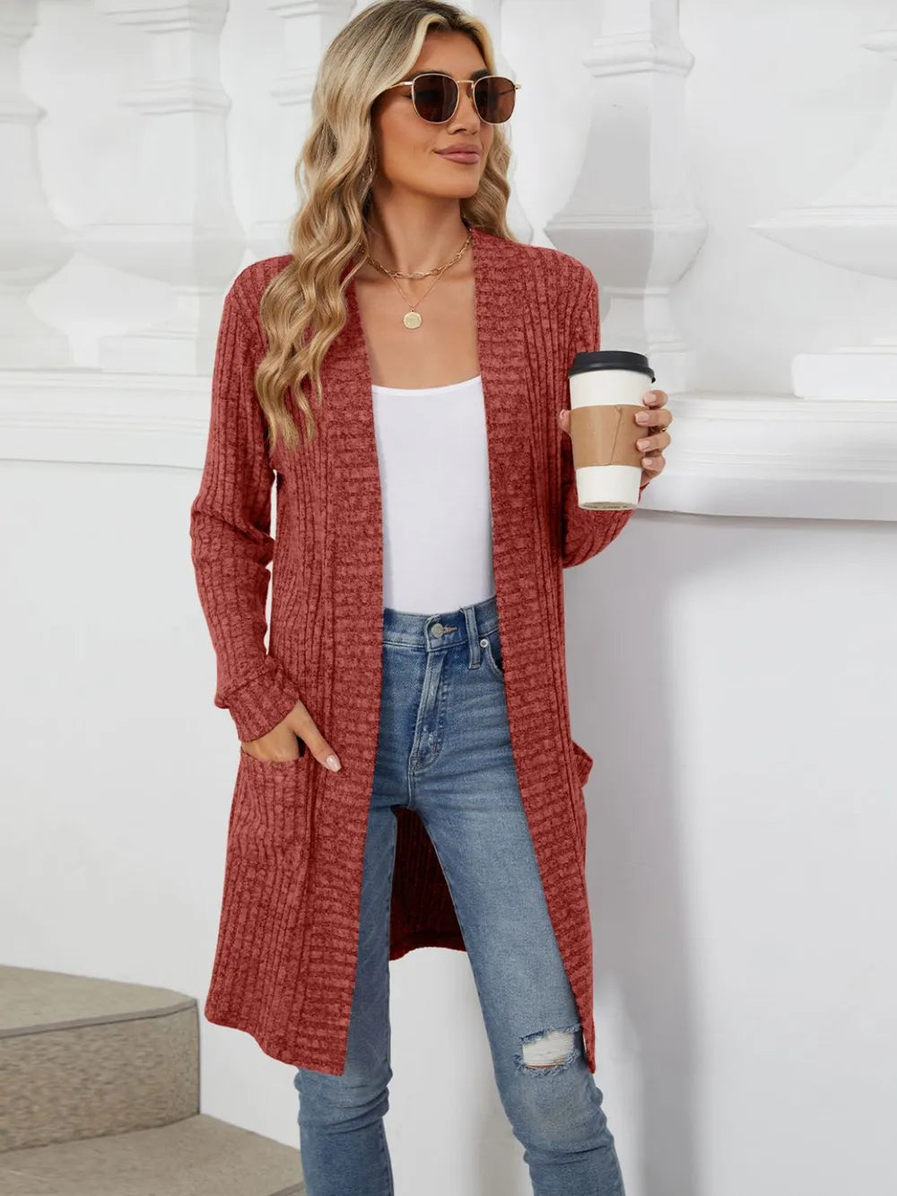 Delcia Long Color Sleeved Loose Pocket Cardigan Jacket