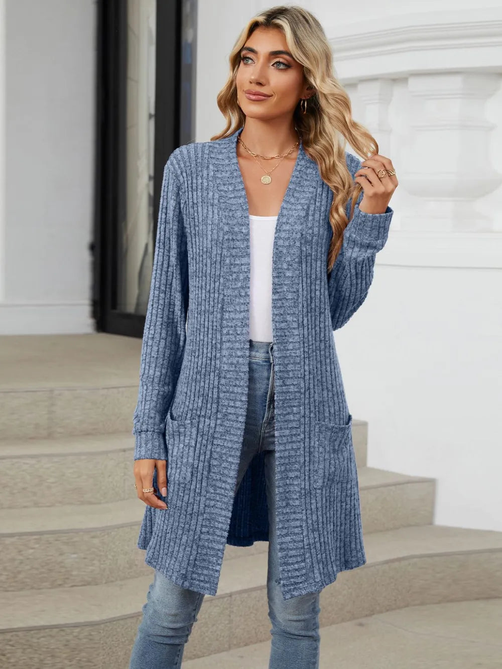 Delcia Long Color Sleeved Loose Pocket Cardigan Jacket