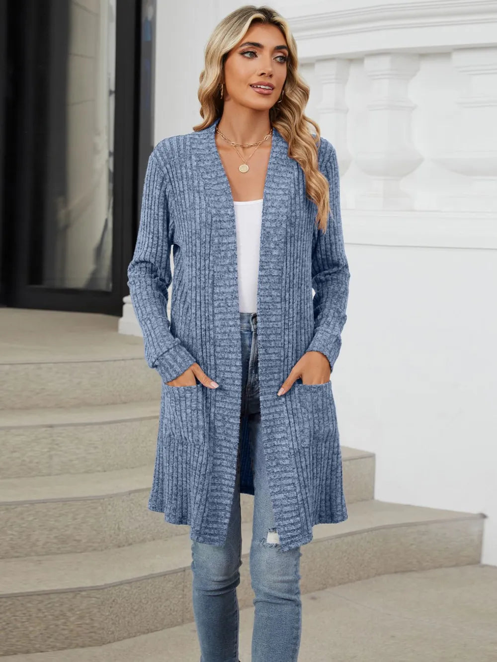 Delcia Long Color Sleeved Loose Pocket Cardigan Jacket