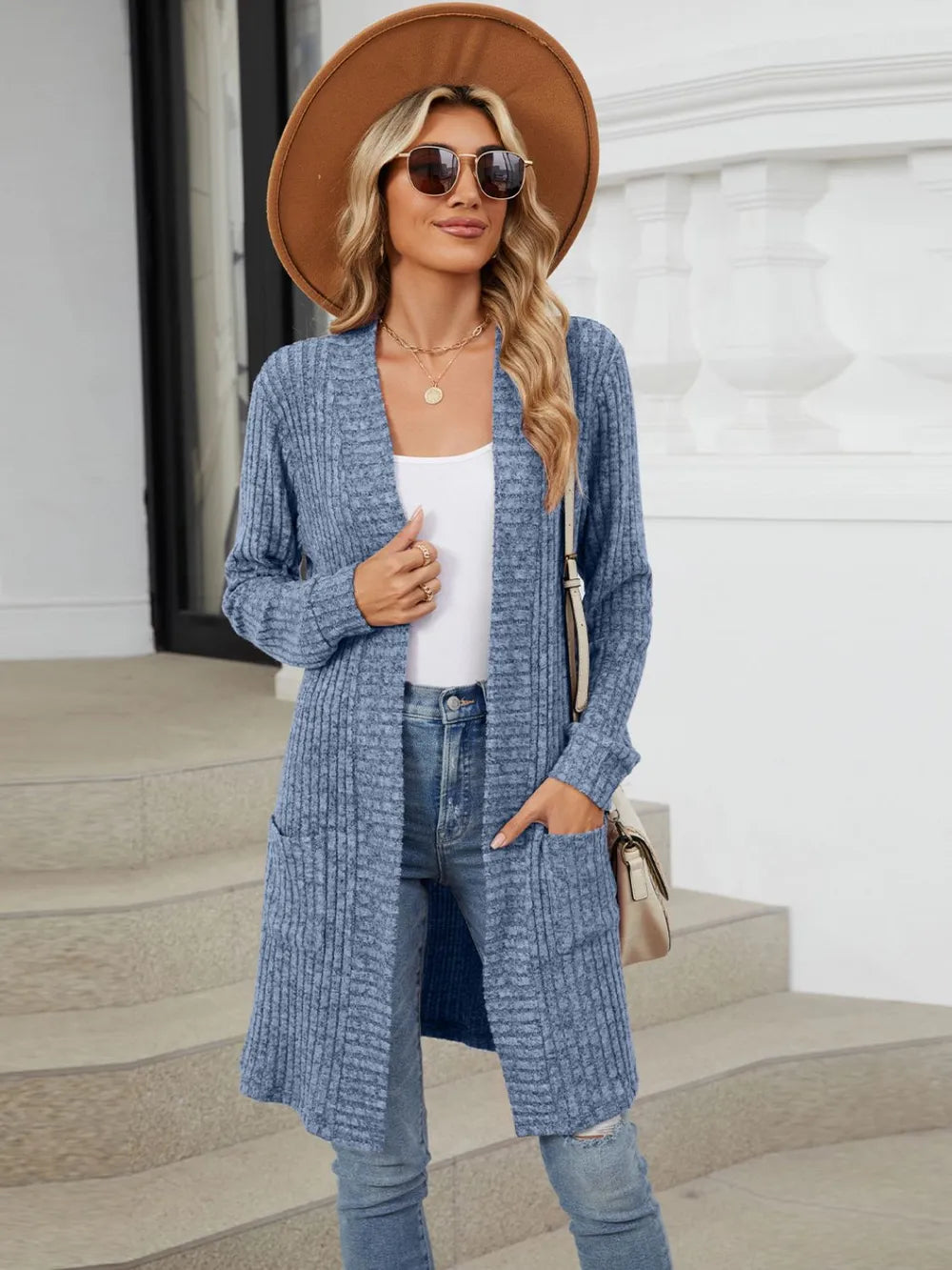 Delcia Long Color Sleeved Loose Pocket Cardigan Jacket