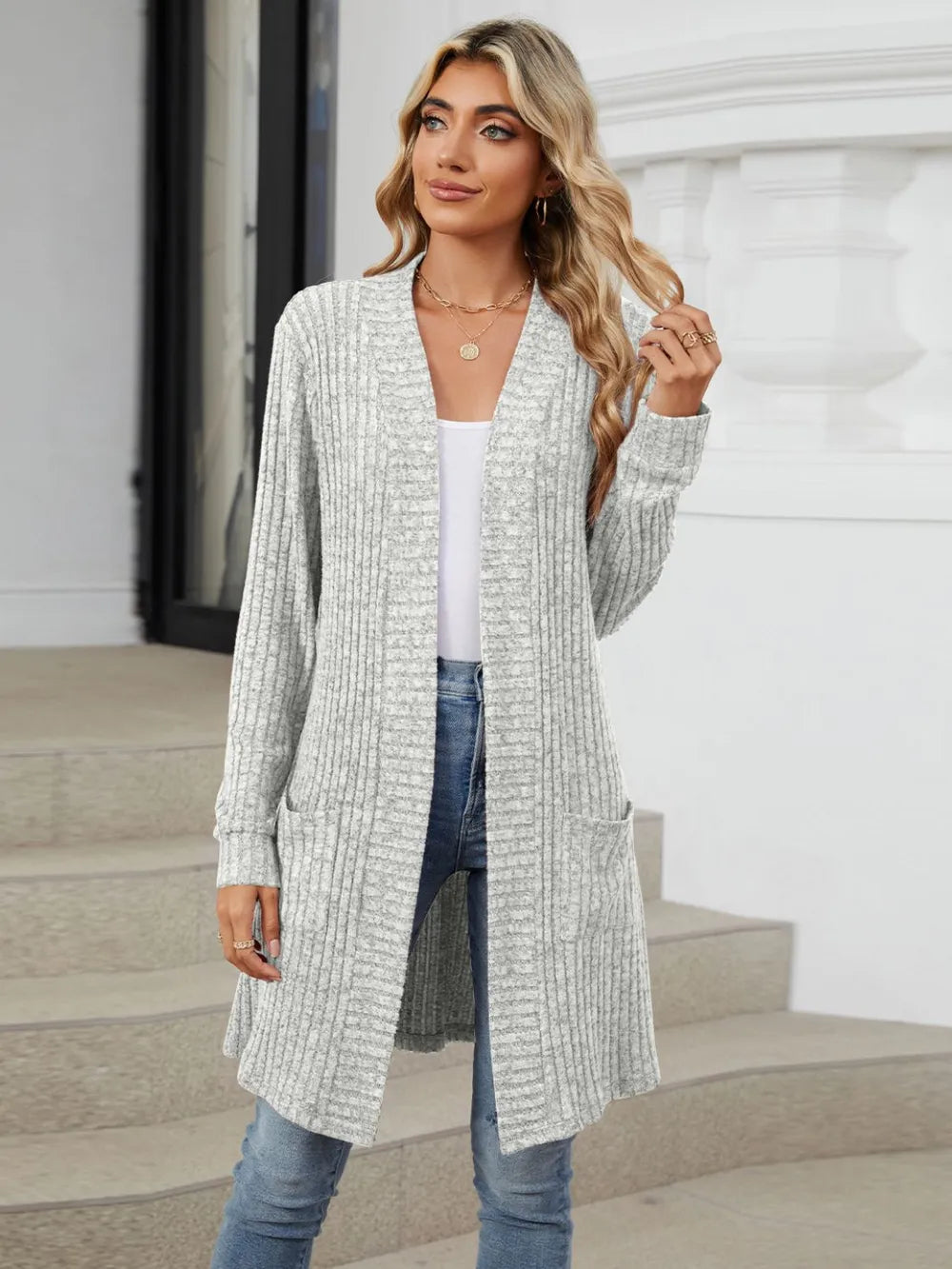 Delcia Long Color Sleeved Loose Pocket Cardigan Jacket
