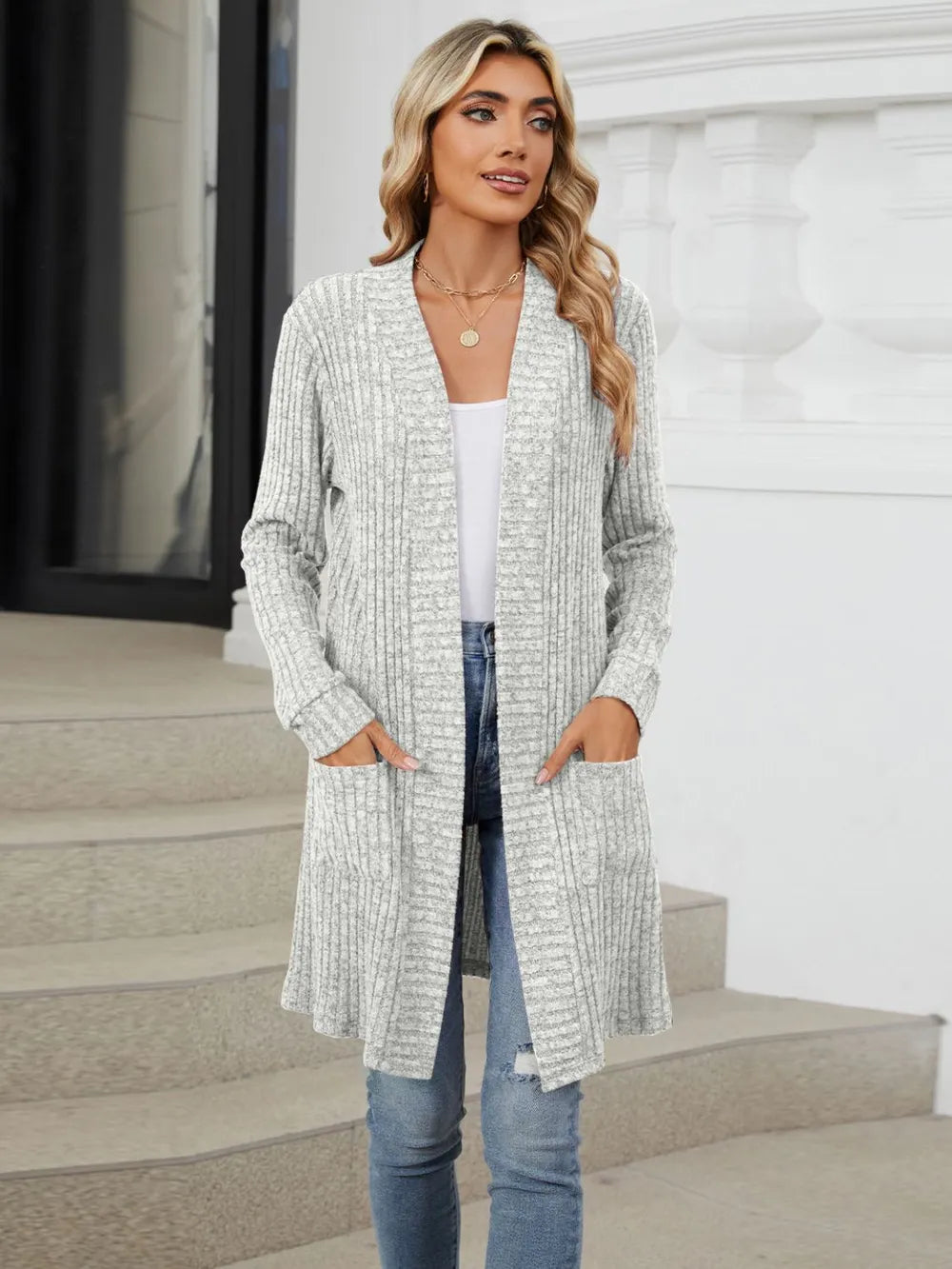Delcia Long Color Sleeved Loose Pocket Cardigan Jacket