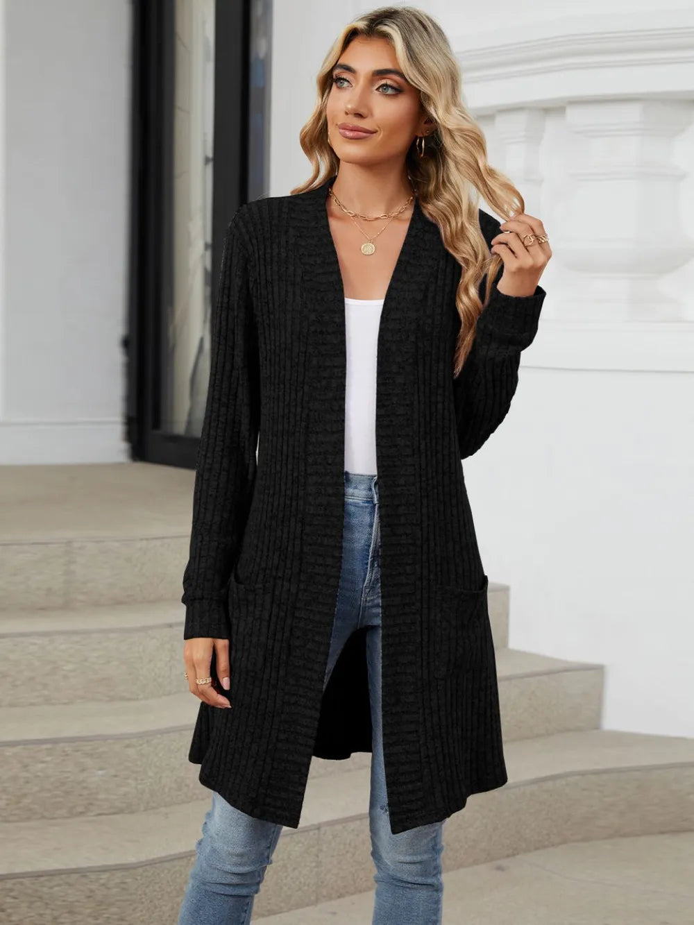 Delcia Long Color Sleeved Loose Pocket Cardigan Jacket