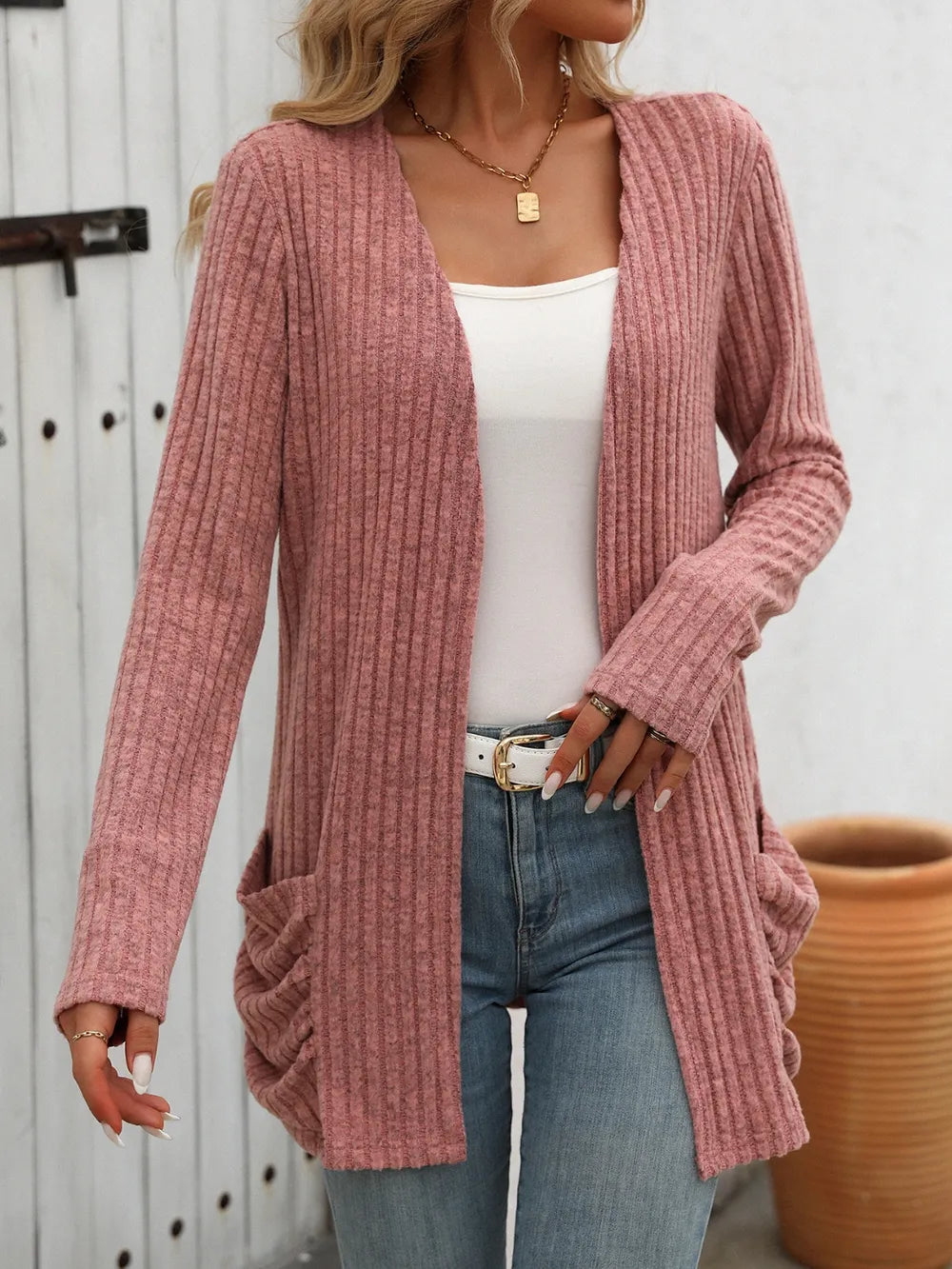 Yatnaa Solid Color Pit Stripe Brushed Pocket Cardigan