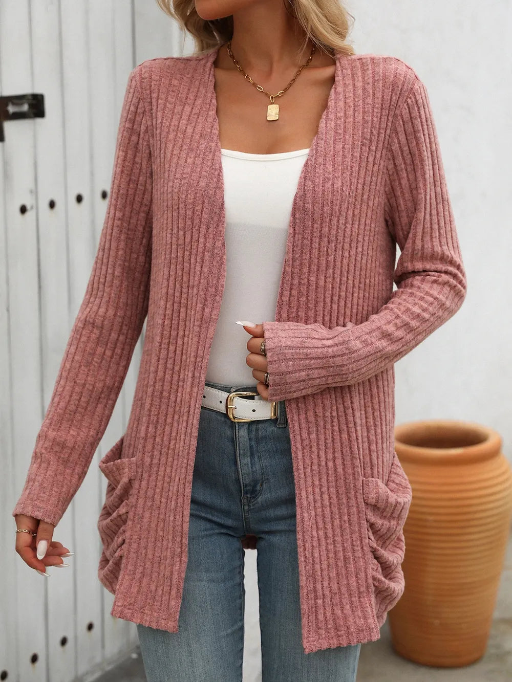 Yatnaa Solid Color Pit Stripe Brushed Pocket Cardigan