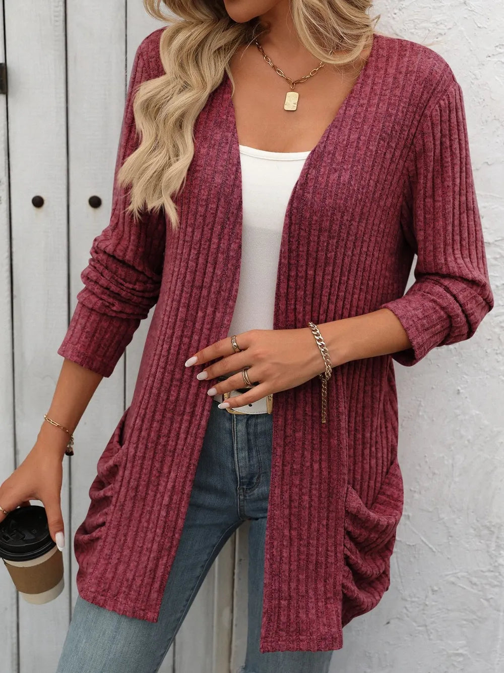 Yatnaa Solid Color Pit Stripe Brushed Pocket Cardigan