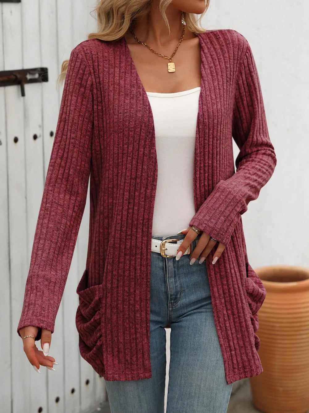 Yatnaa Solid Color Pit Stripe Brushed Pocket Cardigan