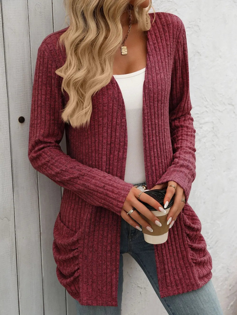 Yatnaa Solid Color Pit Stripe Brushed Pocket Cardigan