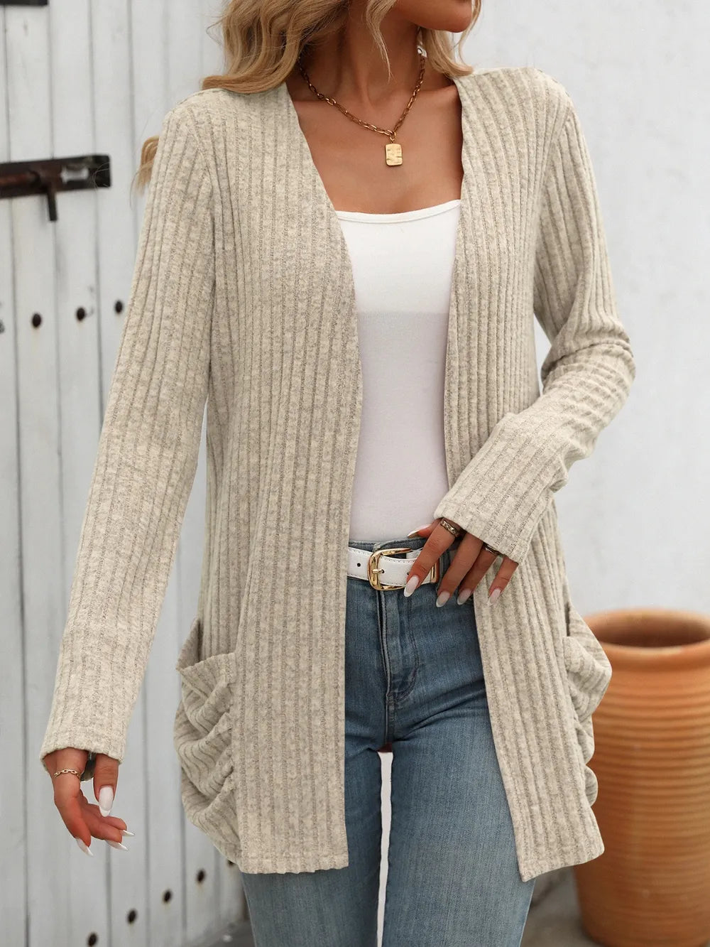 Yatnaa Solid Color Pit Stripe Brushed Pocket Cardigan