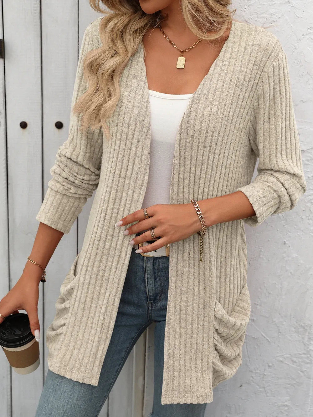 Yatnaa Solid Color Pit Stripe Brushed Pocket Cardigan