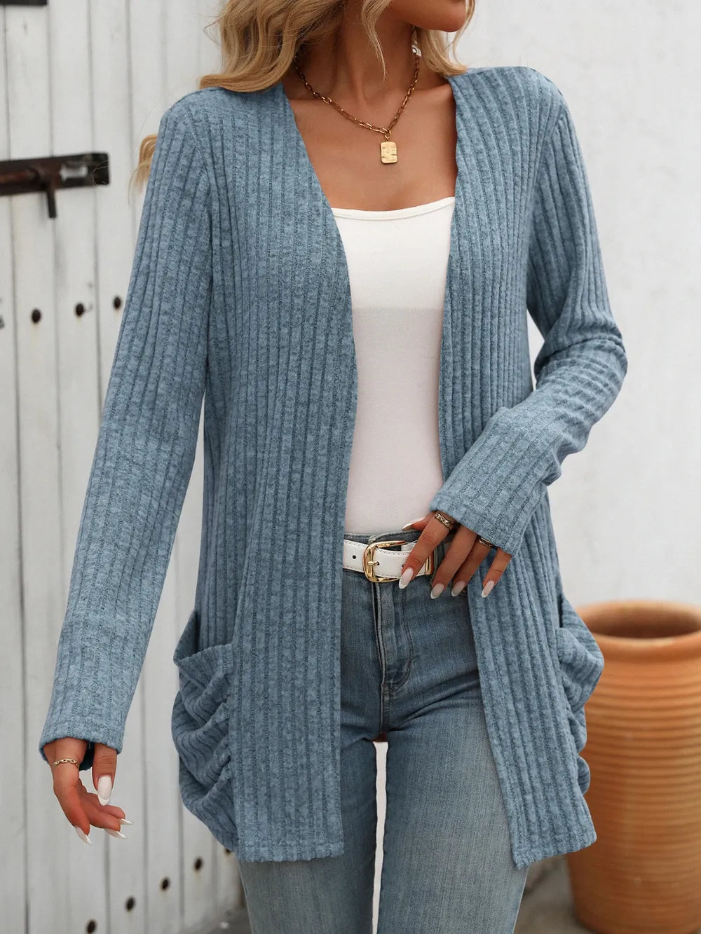 Yatnaa Solid Color Pit Stripe Brushed Pocket Cardigan