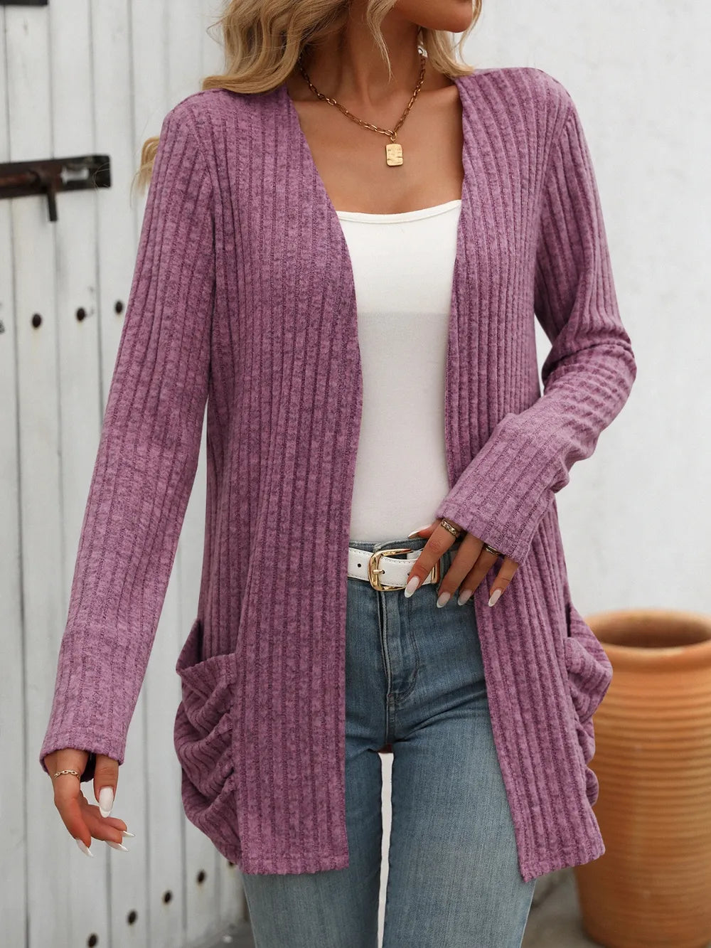 Yatnaa Solid Color Pit Stripe Brushed Pocket Cardigan
